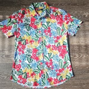 St33le Stretch Jersey Knit Hibiscus Print Button Down Shirt Small